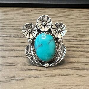 Sterling Silver Floral Kingman Turquoise Ring
